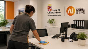Personal de limpieza trabajando en una oficina moderna y organizada.