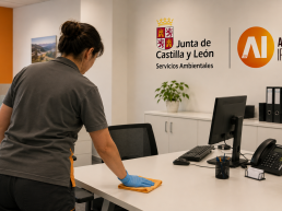 Personal de limpieza trabajando en una oficina moderna y organizada.
