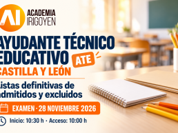 Mesa de estudio con cuaderno y lápices, logo de Academia Irigoyen y anuncio de listas definitivas de ATE y examen del 28 de noviembre de 2026.