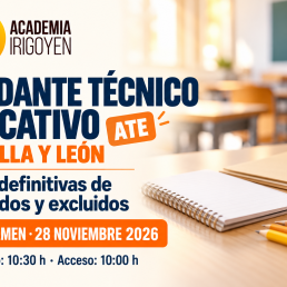 Mesa de estudio con cuaderno y lápices, logo de Academia Irigoyen y anuncio de listas definitivas de ATE y examen del 28 de noviembre de 2026.
